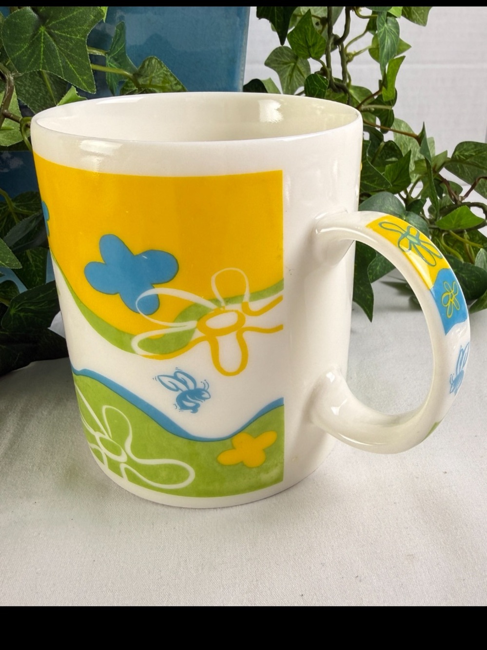 1998 Starbucks Coffee Mug Cup Bees Flowers Blue Green Yellow Vintage Spring 16oz